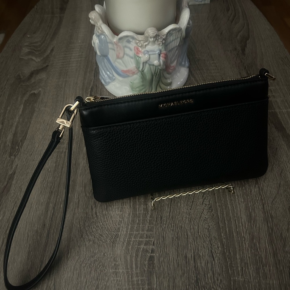 Michael Kors Black Leather Wristlet Shoulder Bag with Gold Accents